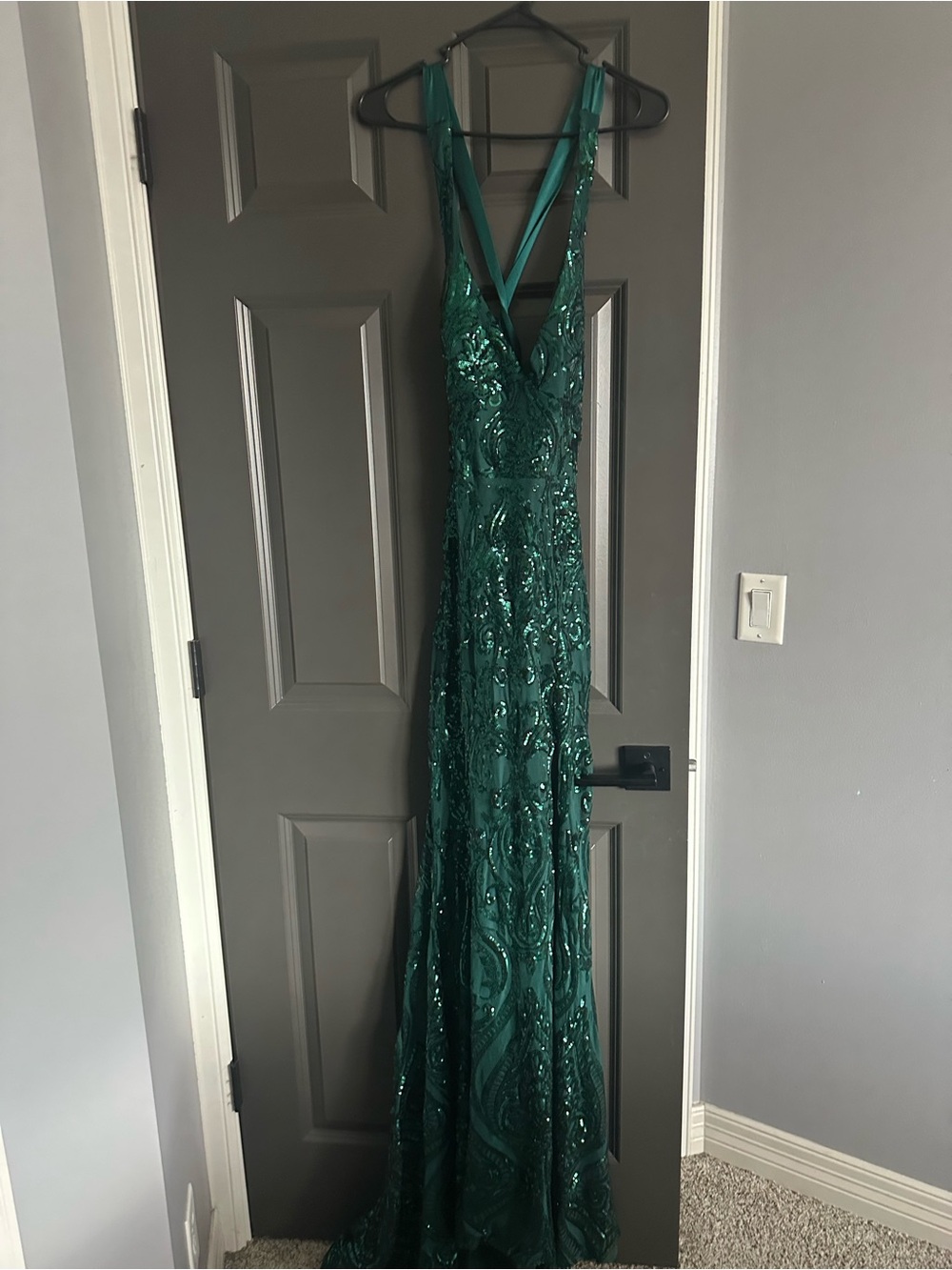 B Darlin Emerald Sequin V-Neck Prom Dress